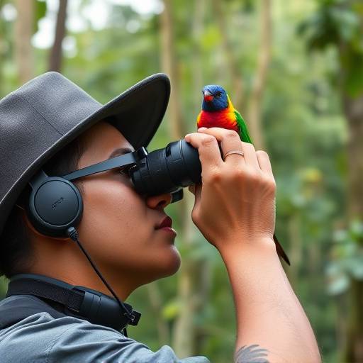 A birdwatcher observing a colorful bird through binoculars in a Ugandan forest