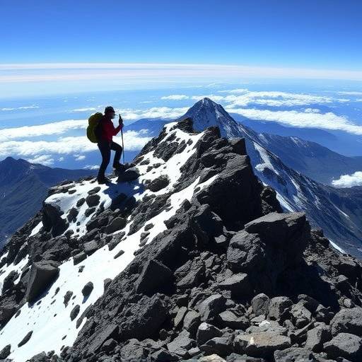 A climber reaching the summit of Mount Rwenzori, surrounded by snow-capped peaks