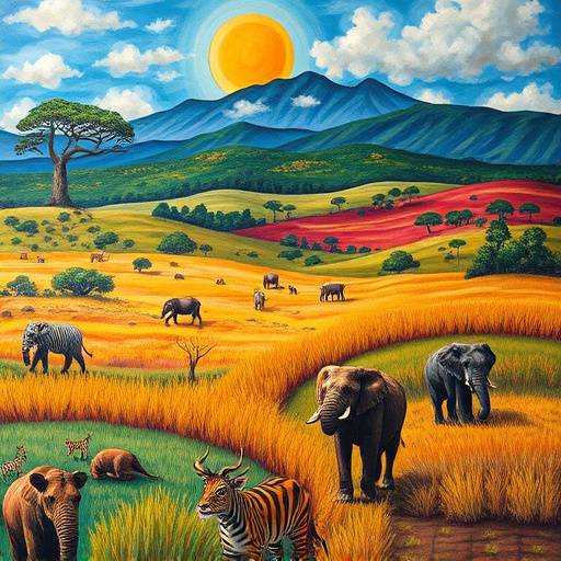 A colorful painting depicting Ugandan wildlife and landscapes