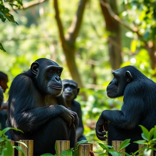A group of chimpanzees in Kibale Forest National Park, engaging in social behavior