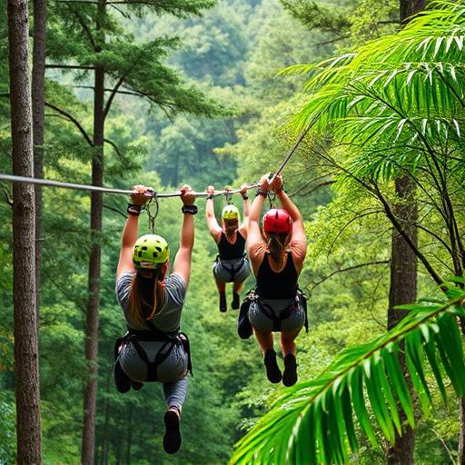 A group of people ziplining through a forest canopy