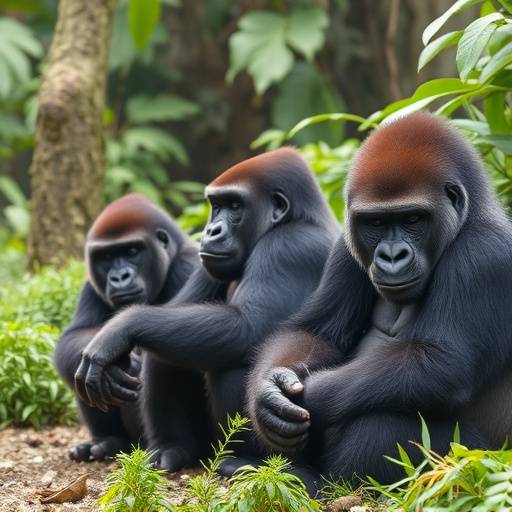 A group of tourists observing gorillas in their natural habitat during a gorilla trekking adventure