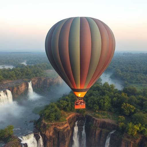 A hot air balloon floating over Murchison Falls National Park