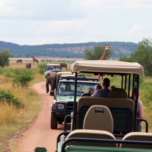 A safari vehicle driving through Murchison Falls National Park, with elephants and giraffes visible in the background