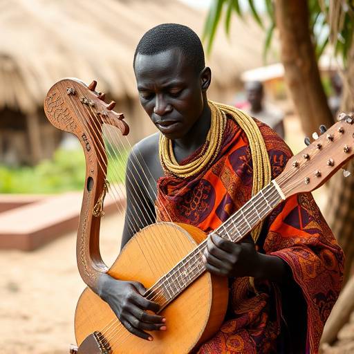 A Ugandan musician playing a traditional harp-like instrument