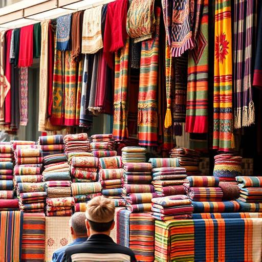 Artisans displaying colorful fabrics and textiles at a market
