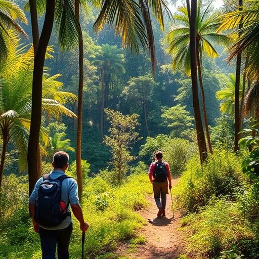 Hikers on a scenic trail through a lush forest in Uganda