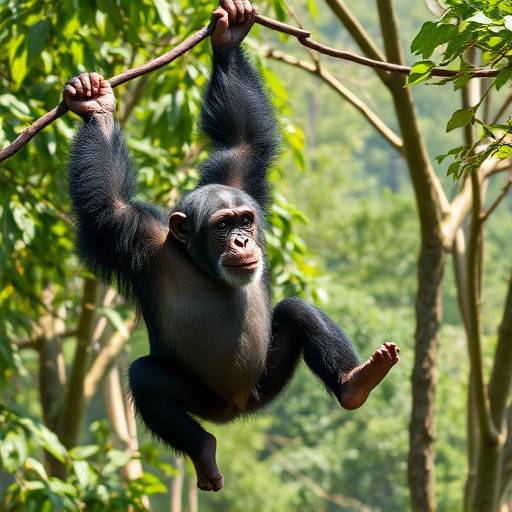 Kibale National Park chimpanzee swinging through the trees