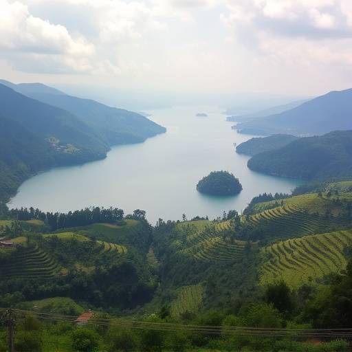 Lake Bunyonyi landscape with terraced hillsides and small islands