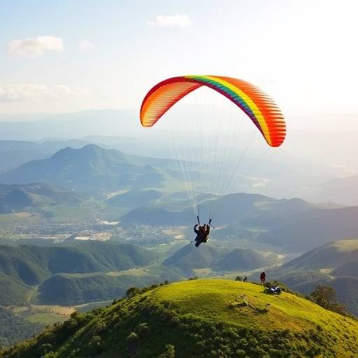 Paraglider soaring over the hills of Fort Portal, with stunning views of the landscape