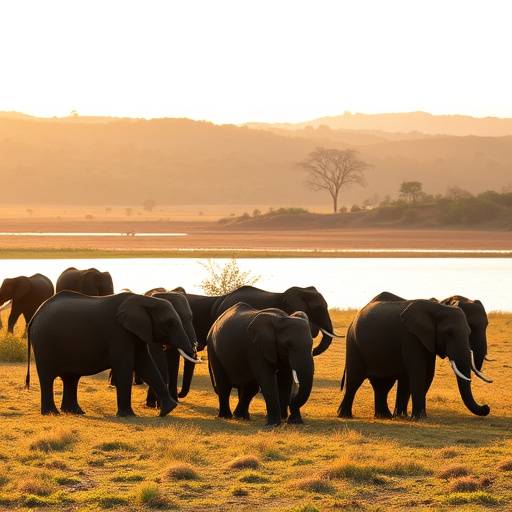 Queen Elizabeth National Park landscape with elephants grazing near a lake