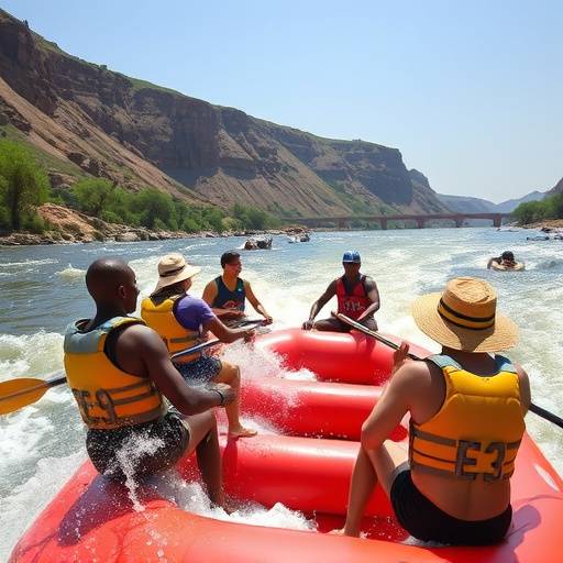 Tourists white water rafting on the Nile River, navigating through strong rapids