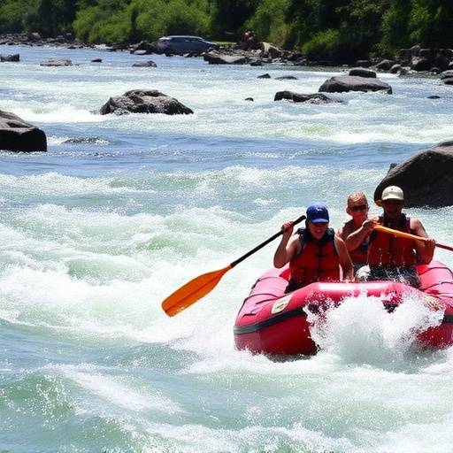 White water rafters navigating the rapids on the Nile River